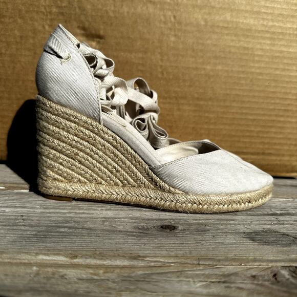Reformation Camilla Lace Up Wedge Espadrille Sandals Linen Closed Toe Cream 7M - Picture 2 of 6